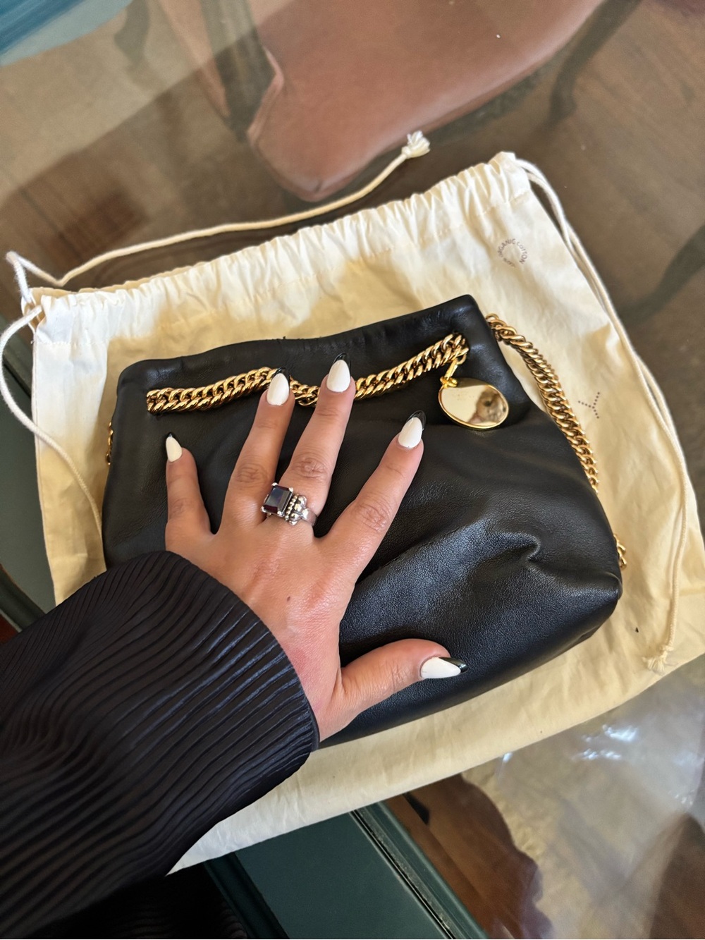 Stella McCartney Black Clutch with Gold Chain and Logo Disc - Picture 4 of 7